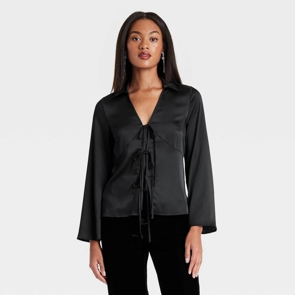A New Day Womens Black Satin Tie Front Long Sleeve Blouse Top Size L New